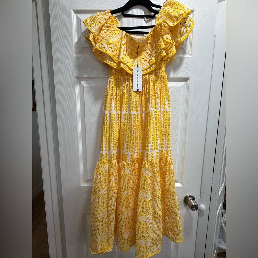 NWT ProductSeeker Off-Shoulder Tiered Ruffle Embroidered Eyelet Dress.